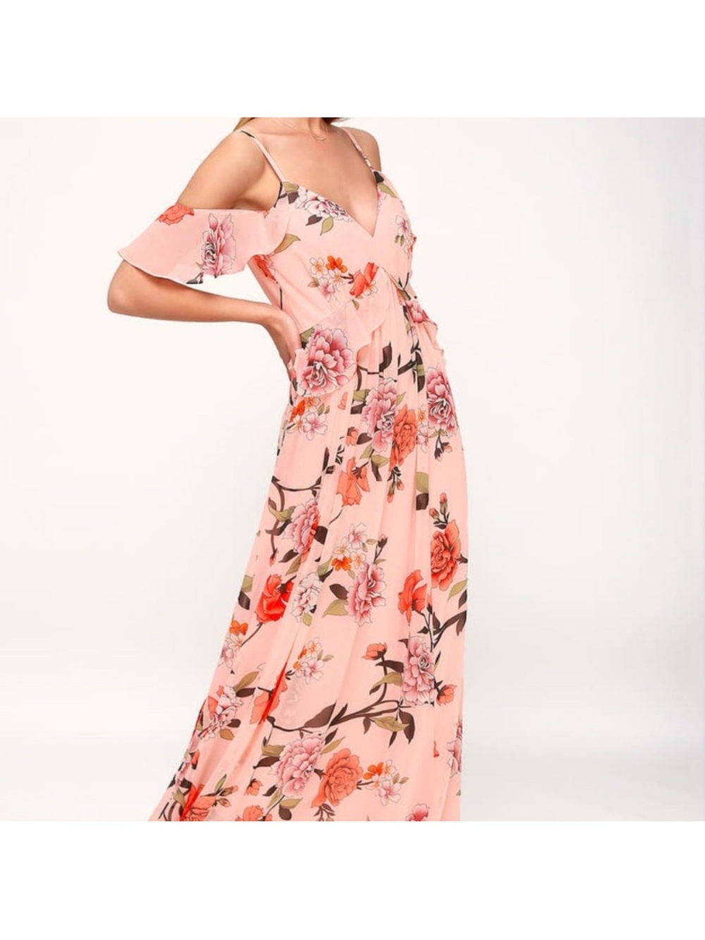 LuLus De Fleur Blush Floral Pink Ruffled Shoulder Maxi Dress NWT, Size Medium